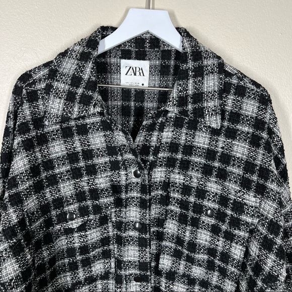 Zara Textured Tweed Plaid Oversized Button Up Shacket Over Shirt Womens Large - Picture 2 of 9